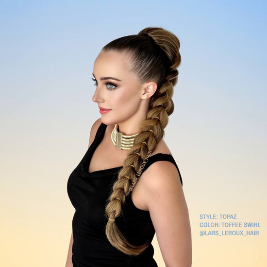 Stylish over the shoulder look with a Topaz french braid ponytail from Lars Leroux Hair