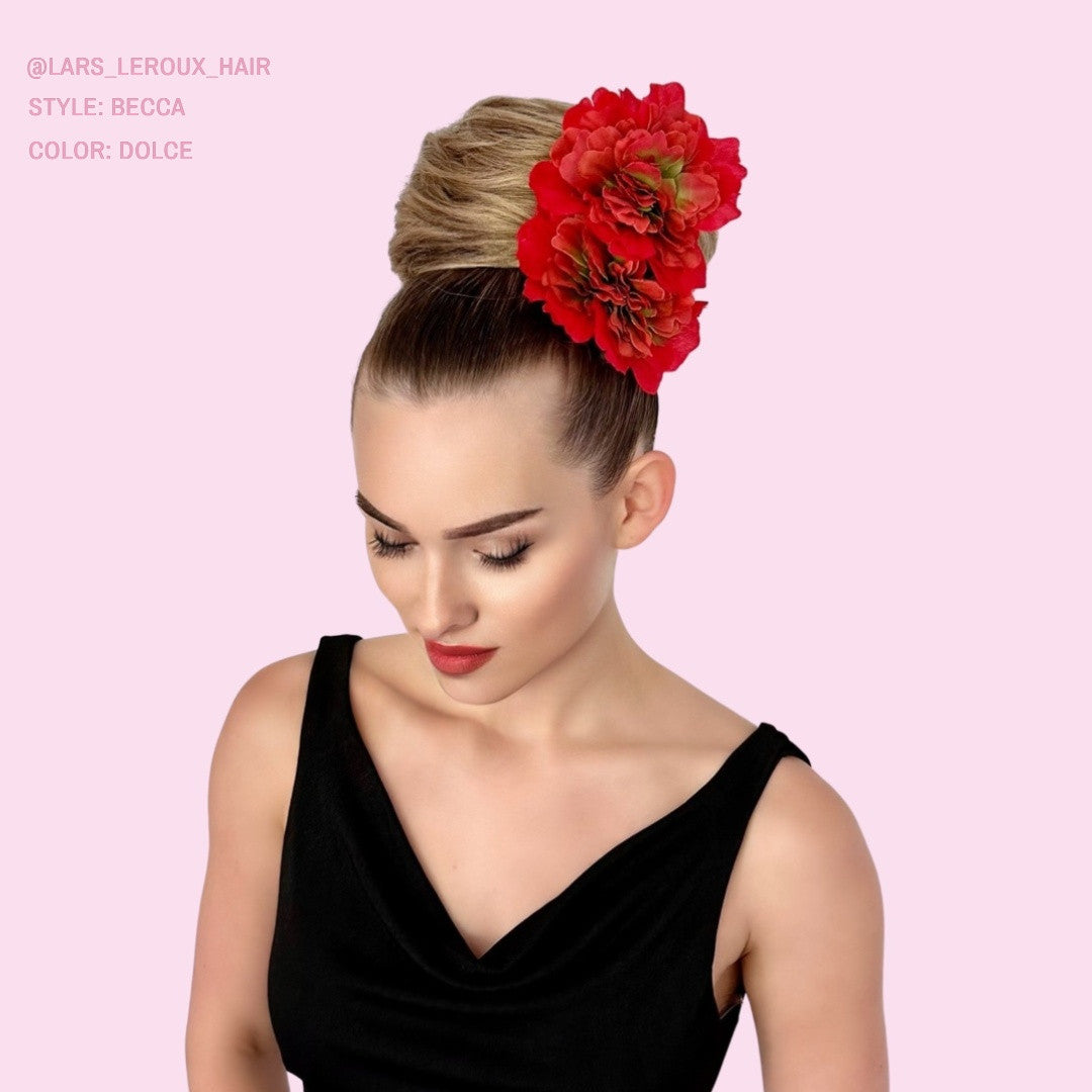 Lars Leroux Becca hair bun in color Dolce with flowers enhancing the look