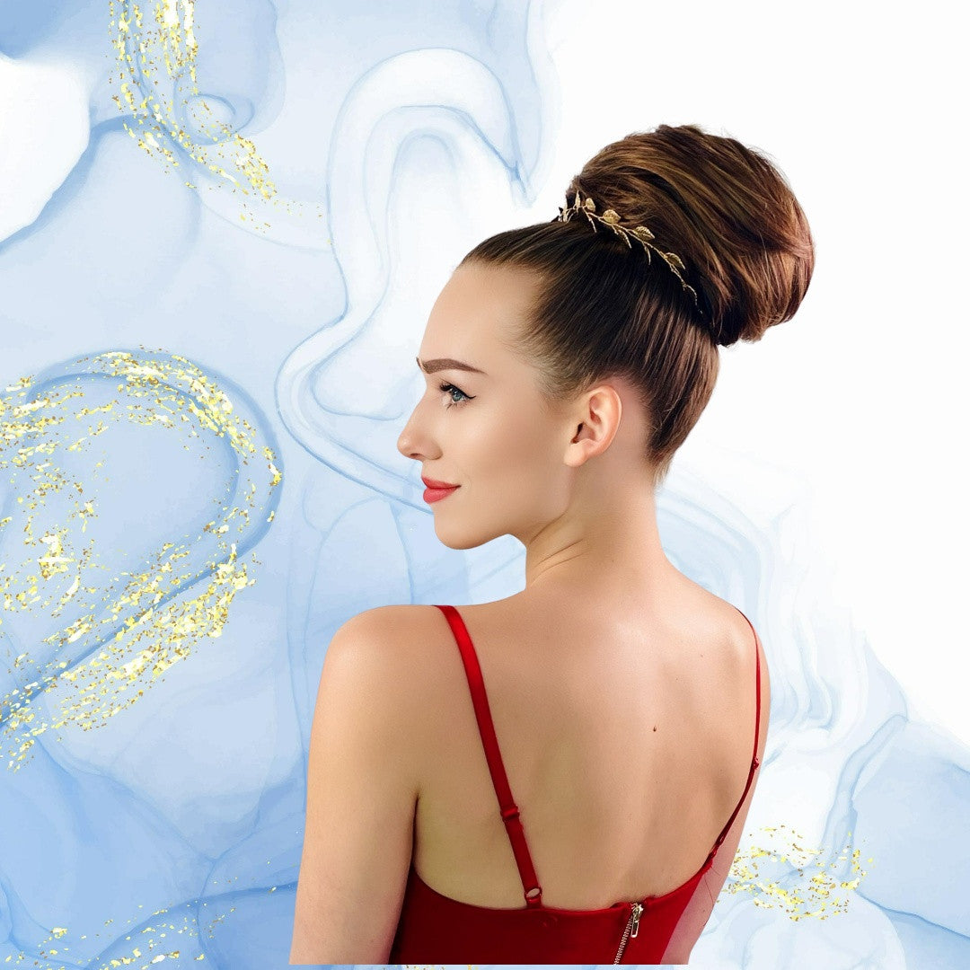 Profile of the Becca chignon bun hairstyle with a garland accentuating the look