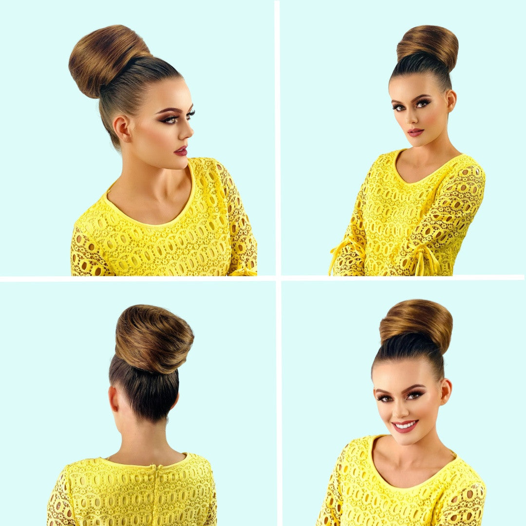 Various angles of the Becca chignon bun clip in hairstyle used as an updo