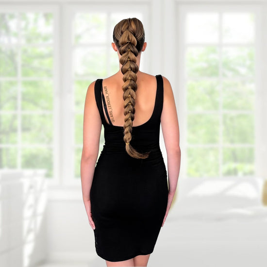 Full body french braid ponytail style with the classic little black dress